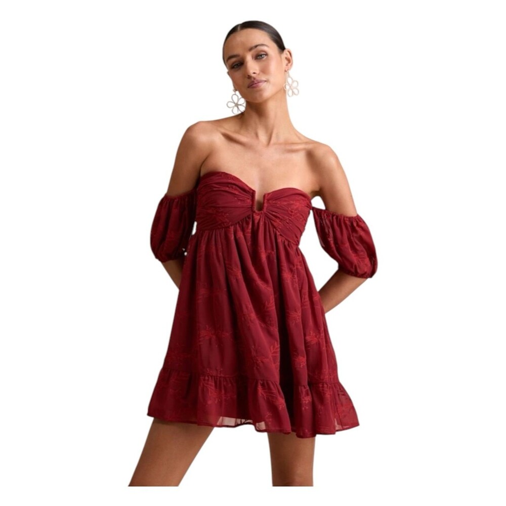 Lulus Rust Red Floral Embroidered Off Shoulder Mini Dress XL NWT - Picture 3 of 4